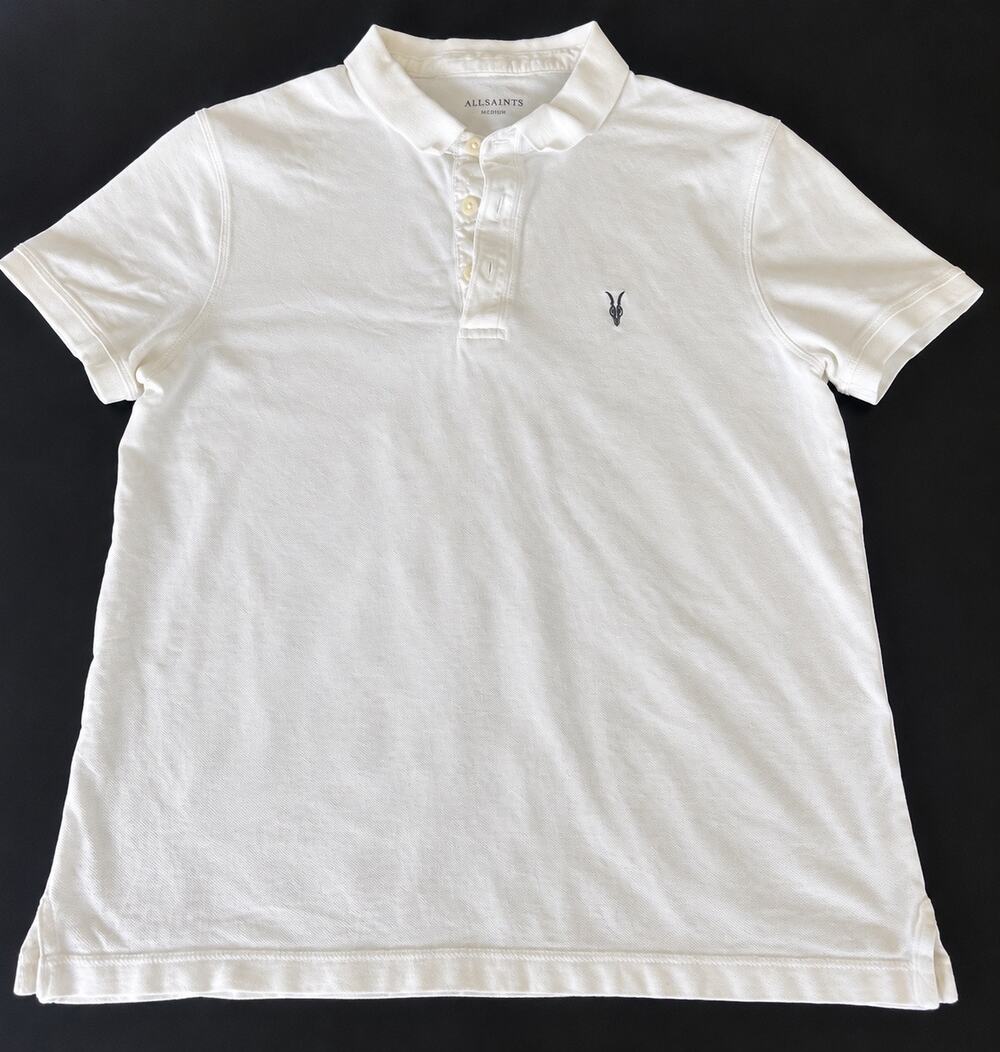 AllSaints Men’s White Cotton Polo Shirt Medium Embroidered Ramskull Logo